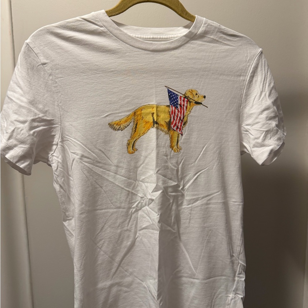 J. Crew White Tee with Dog and Flag Design